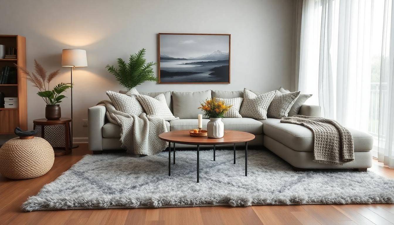 cozy living room with area rug and a couch with throw pillows