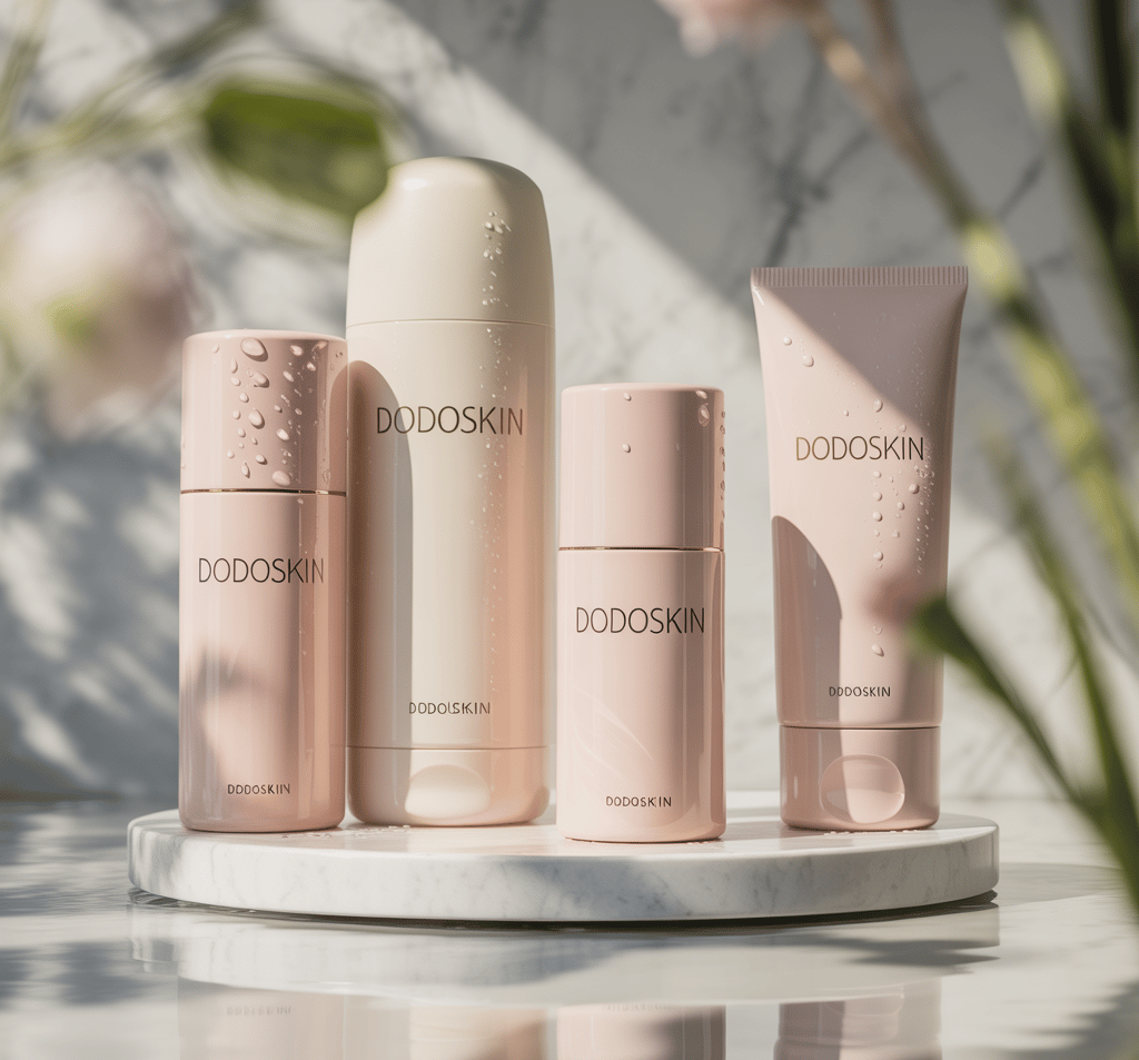 Dodoskin luxury skincare products in pink bottles on a marble pedestal with soft floral shadows.
