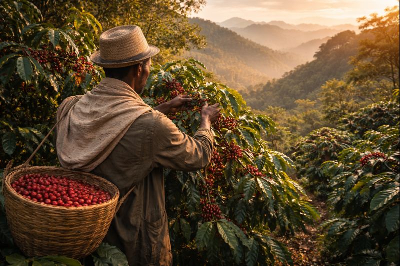 Plantação tradicional de café etíope em sistema agroflorestal, com árvores nativas e cultivo sustent