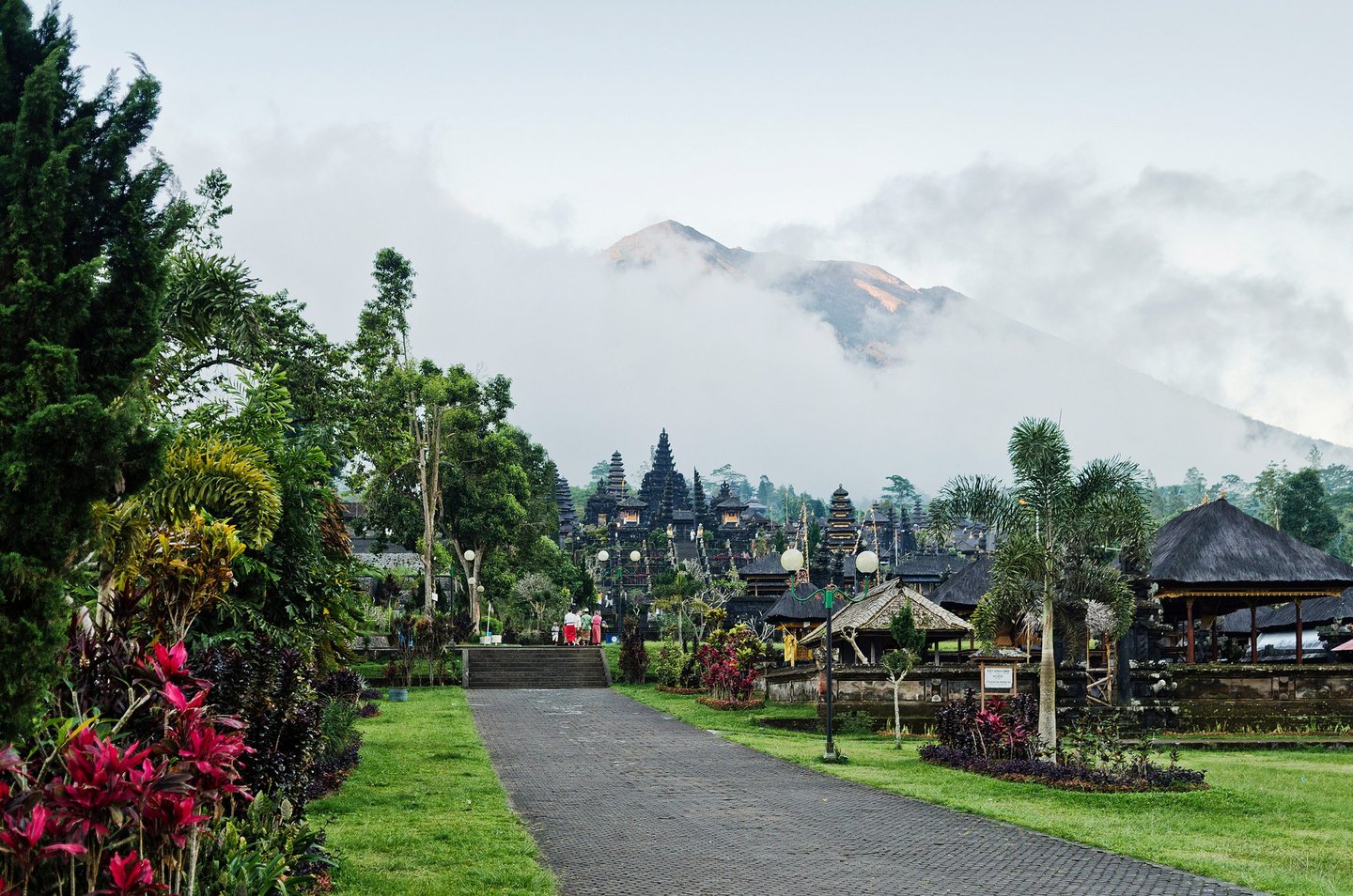 Traditional Balinese architecture at Besakih Temple surrounded by lush mountain scenery