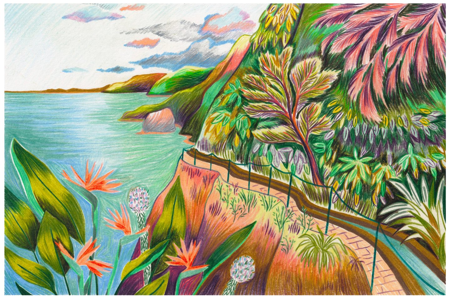 a painting of a landscape with a path leading to a beach