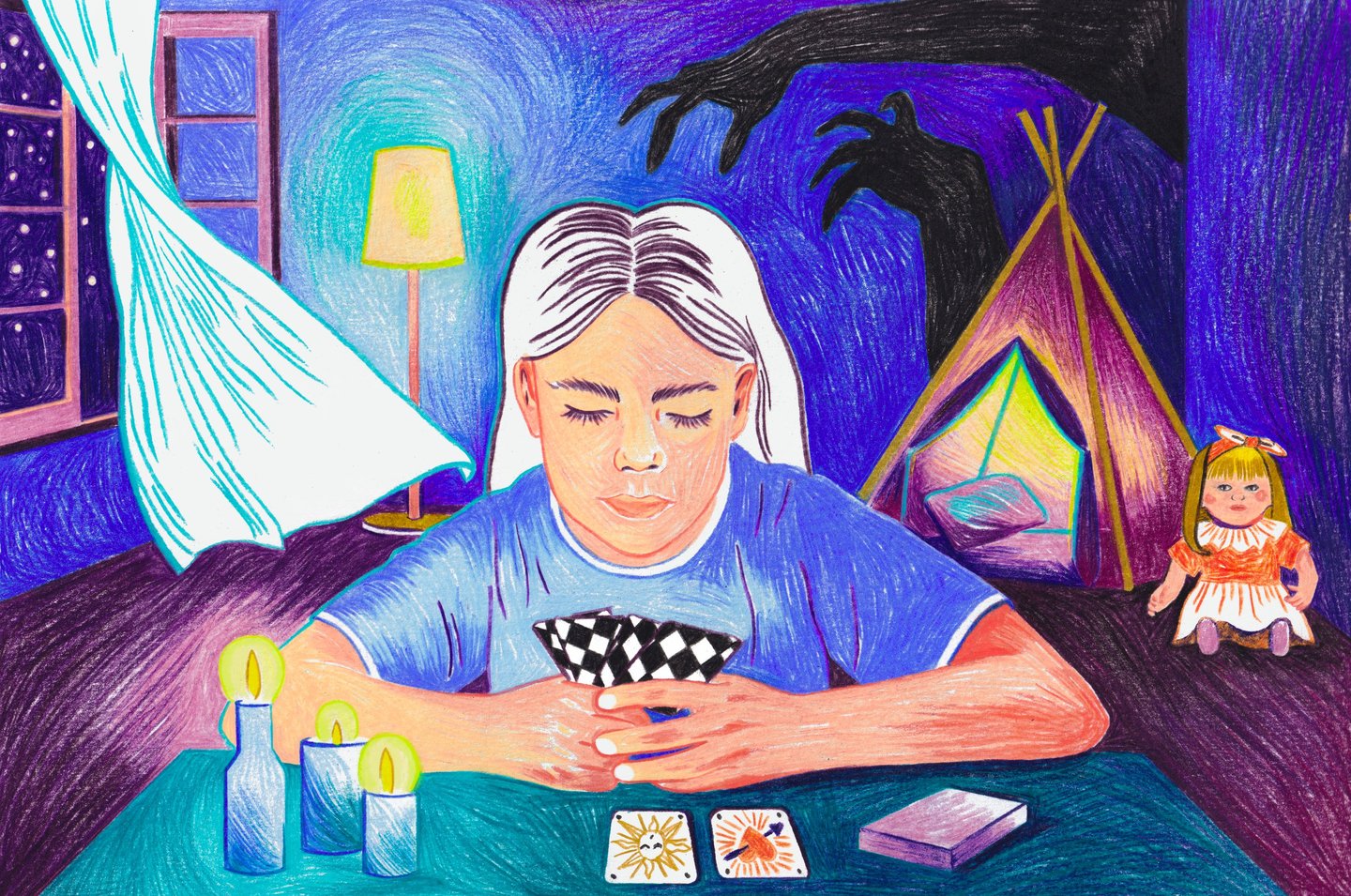 a woman sitting at a table with a card game