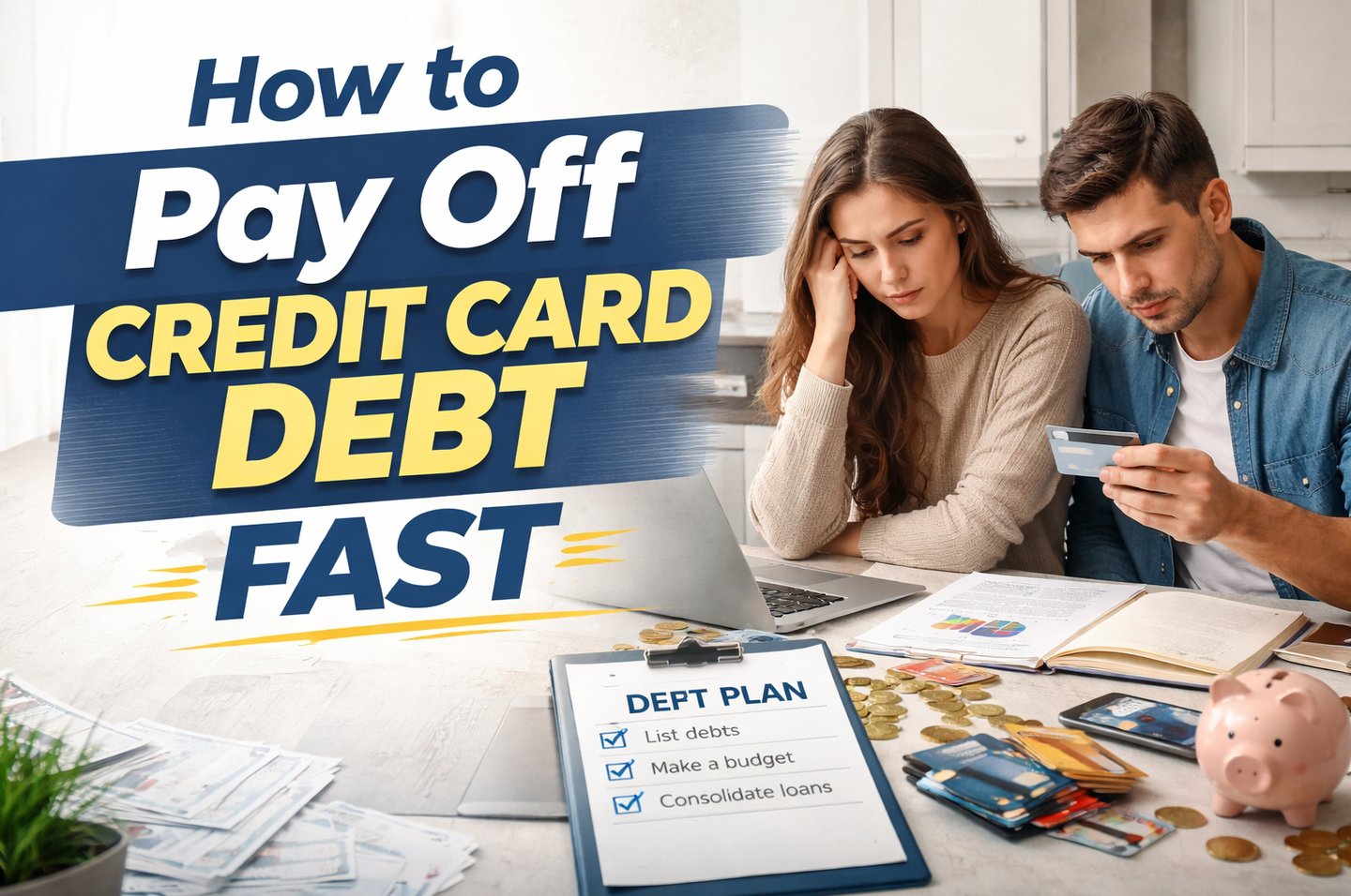 A worried couple creating a debt repayment plan to pay off credit card debt fast using a budget.