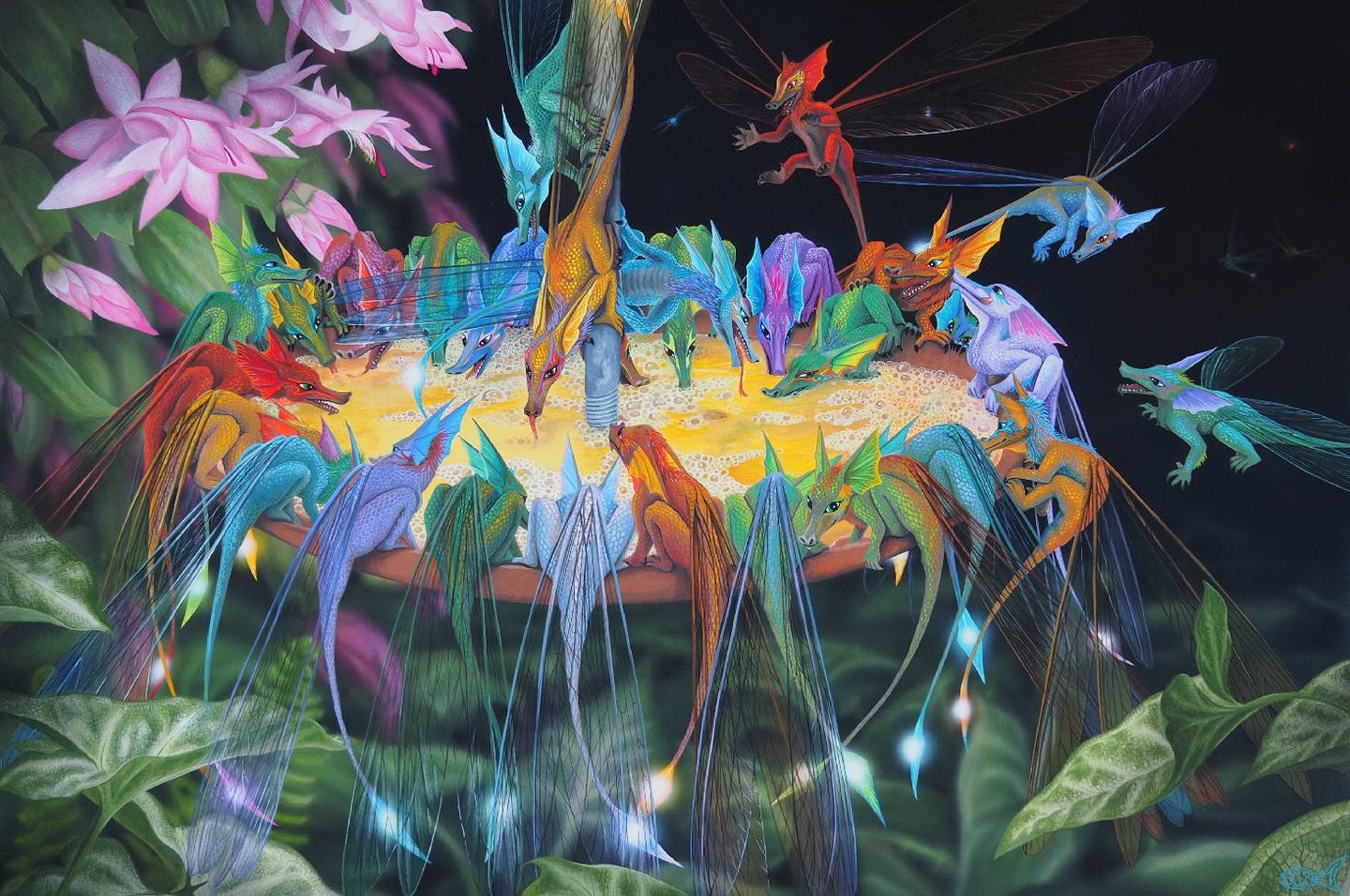 bug dragons eating raw egg from a bird feeder