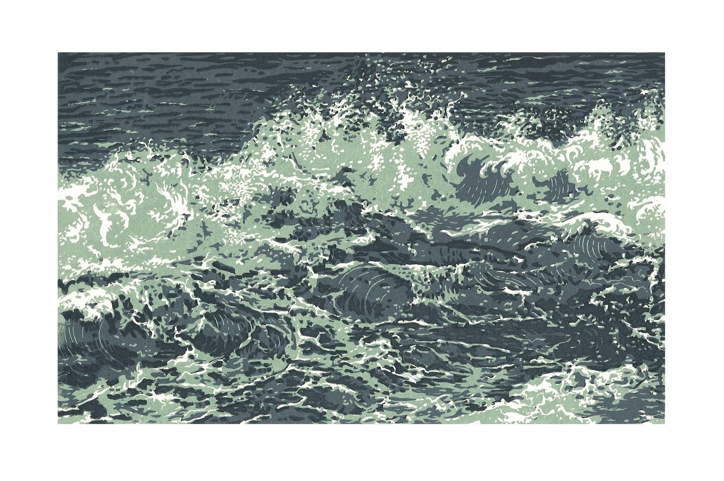Linogravure, estampe originale,  représentant des vagues.