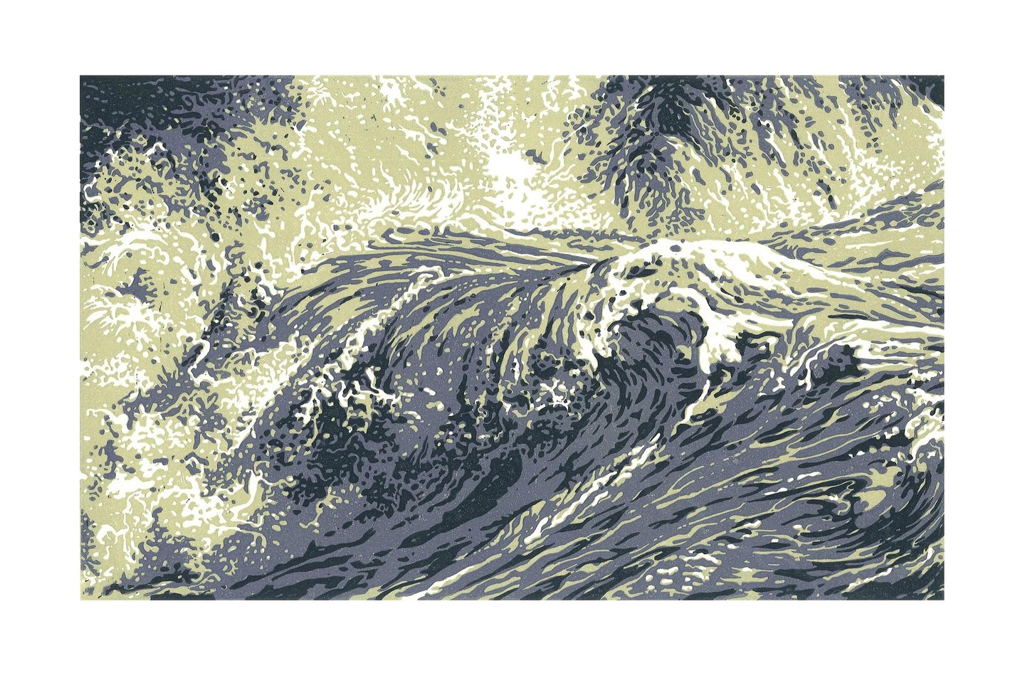 Linogravure, estampe originale,  représentant des vagues.