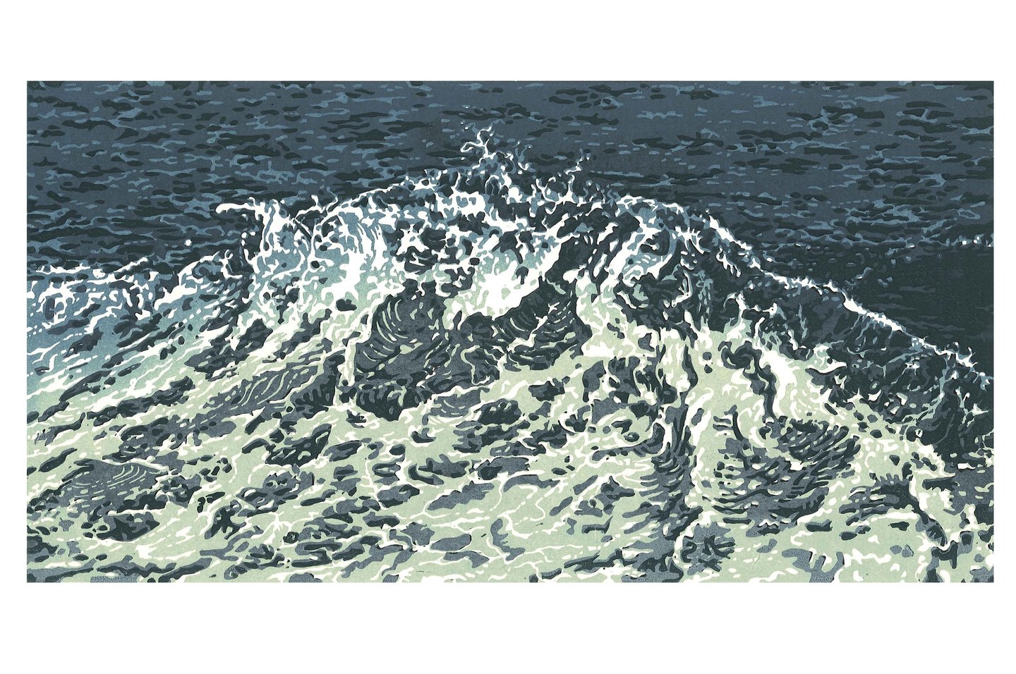 Linogravure, estampe originale,  représentant des vagues.