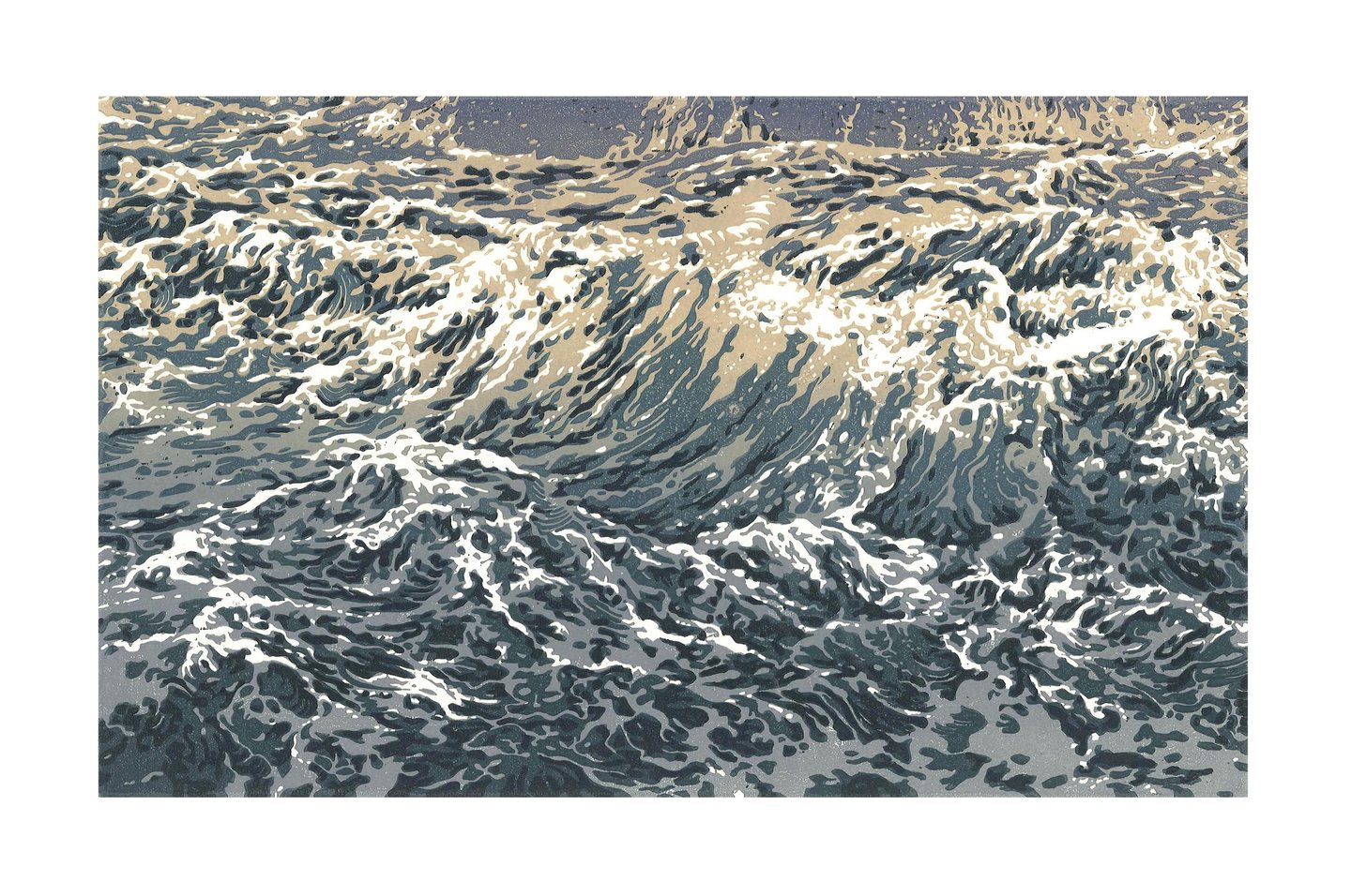 Linogravure, estampe originale,  représentant des vagues.