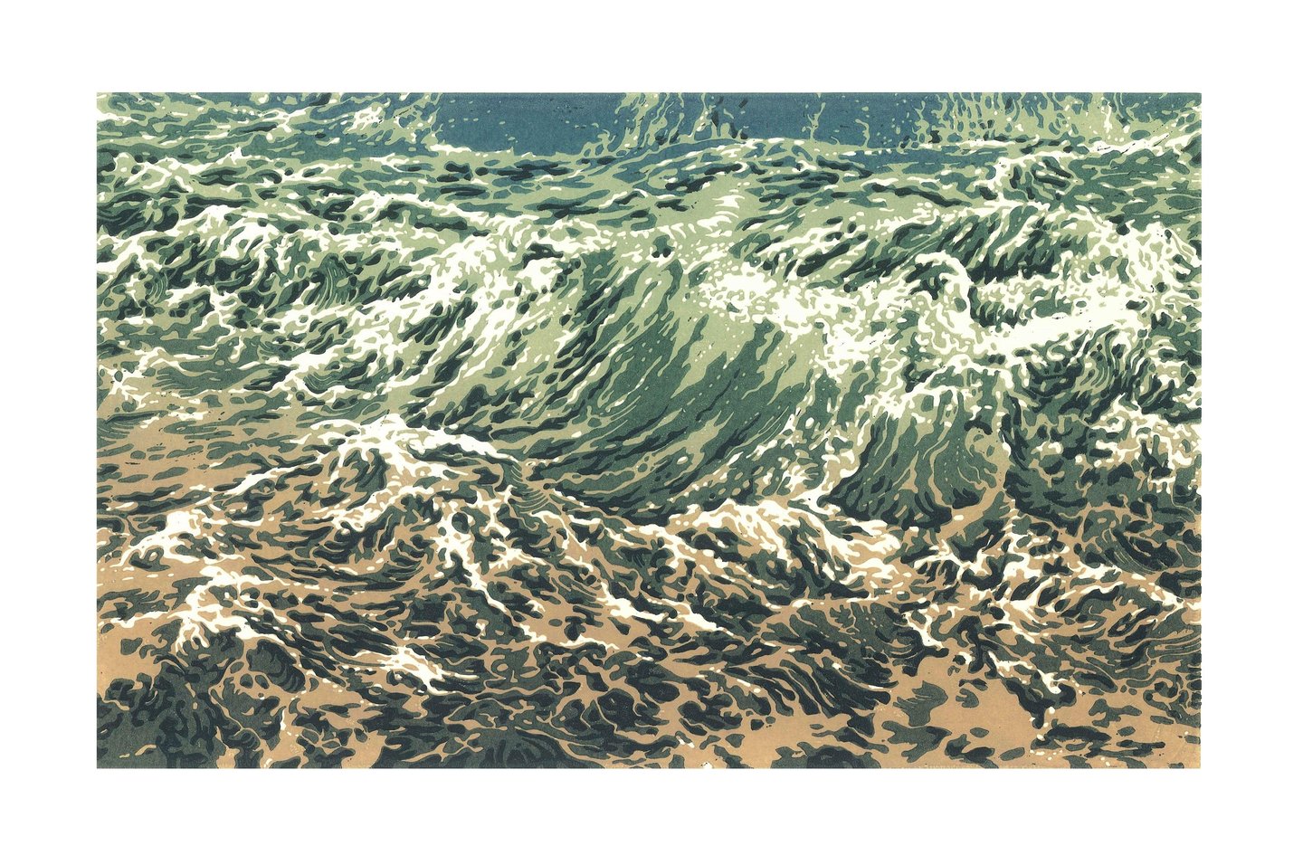 Linogravure, estampe originale,  représentant des vagues.