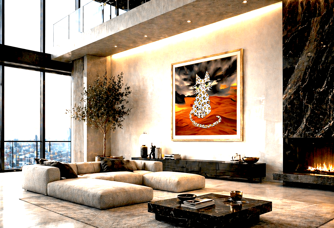 Large-scale signed museum-quality Hawa Cat fine art print by contemporary artist Eve Hennessa  luxury modern interiors