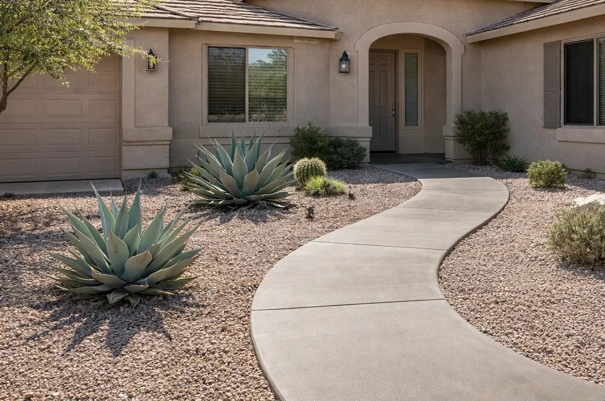 curved concrete walkway leading to a front  entrance of a Buckeye, Arizona home