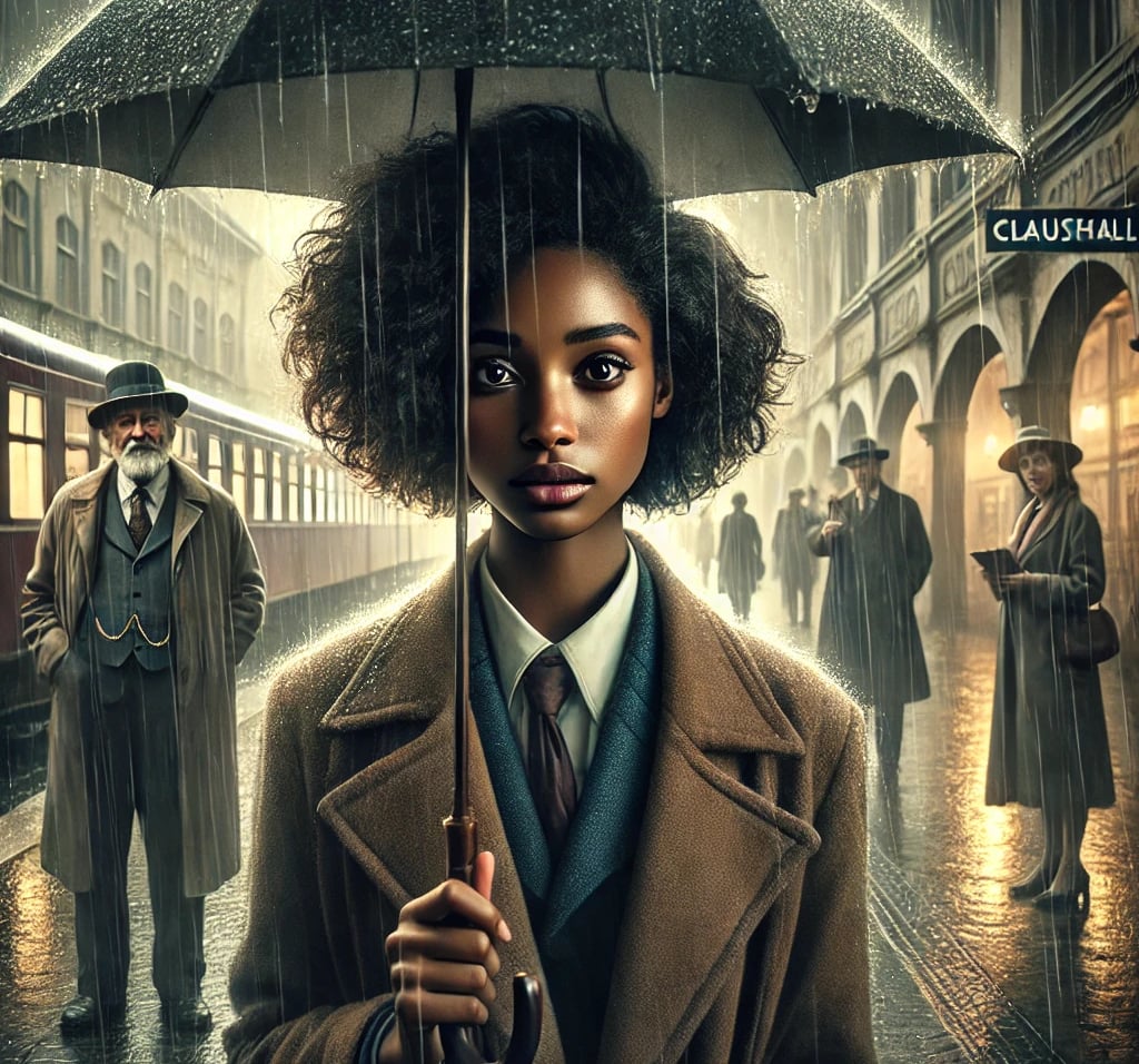 Une femme élégante portant un manteau et un chapeau, tenant un parapluie, sous la pluie