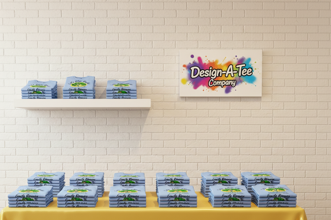 Design-A-Tee Company family reunion custom t-shirts with tree design on a Carolina Blue t-shirt