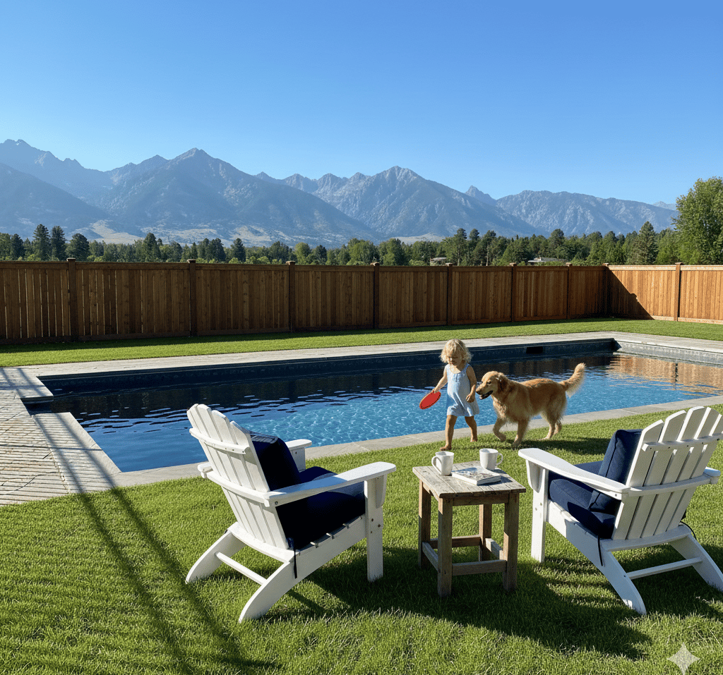 child ad golden retriever in beautiful backyard with Adirondack chairs on green grass mountains