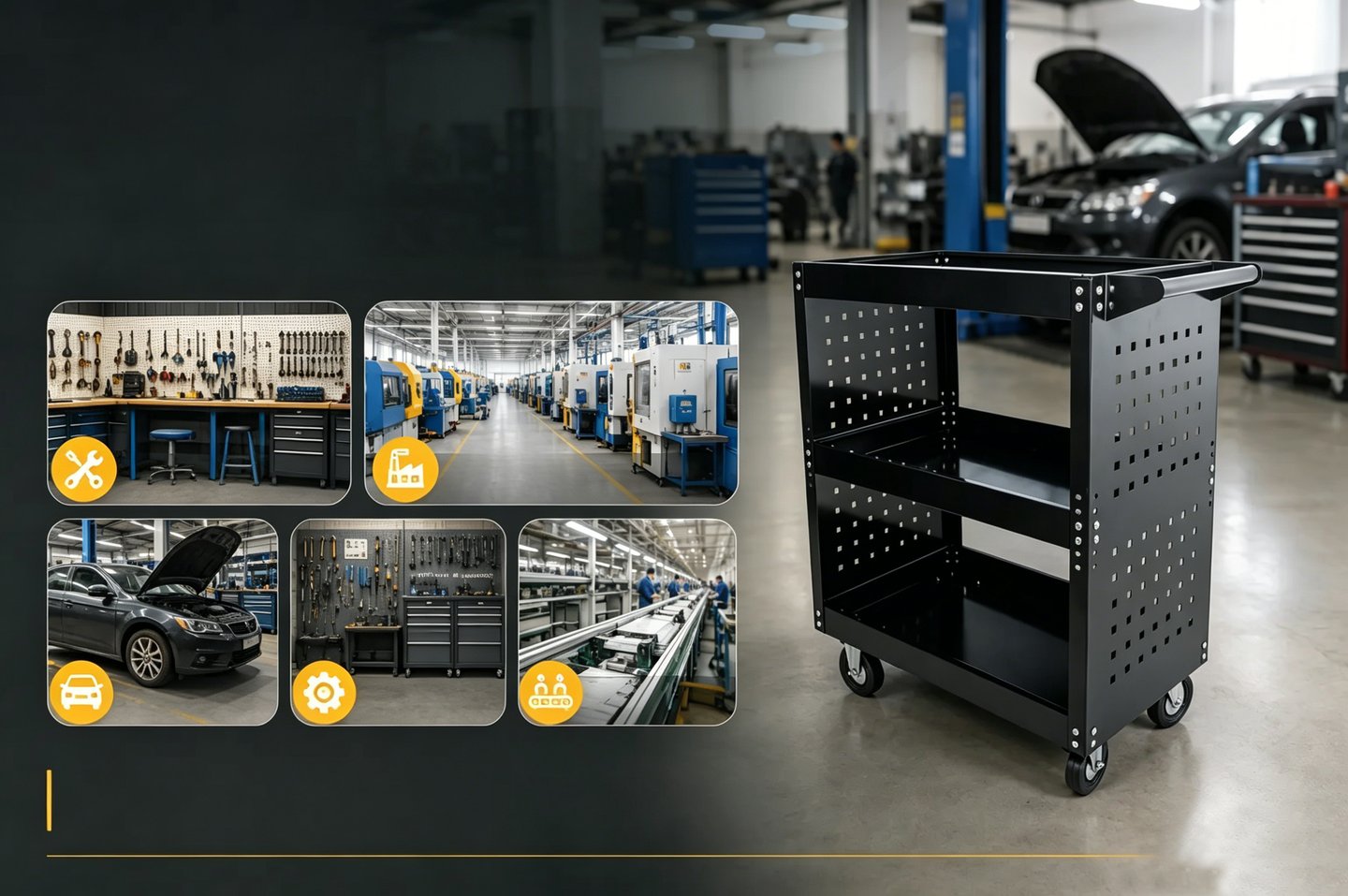 Black metal heavy-duty rolling tool cart with three tiers in an automotive garage and manufacturing setting.