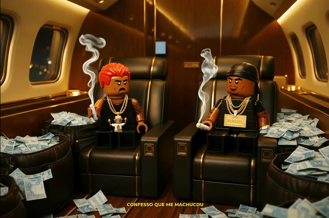 Orochi e Oruam em clipe estilo LEGO com estética de rap nacional