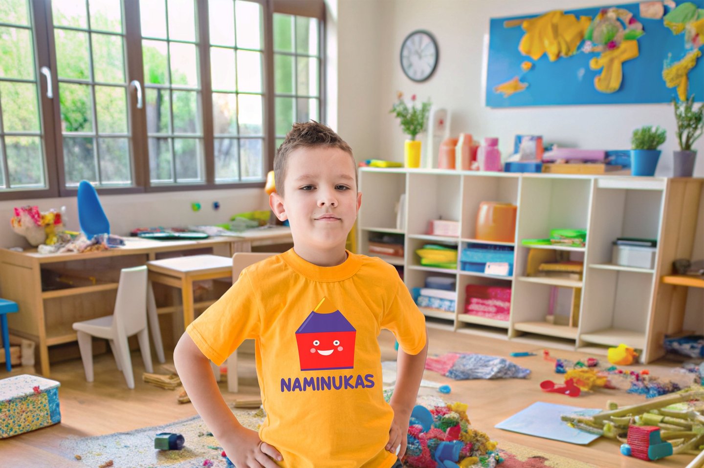 vaikas su marskineliai ant kuriu yra darzelio logotipas