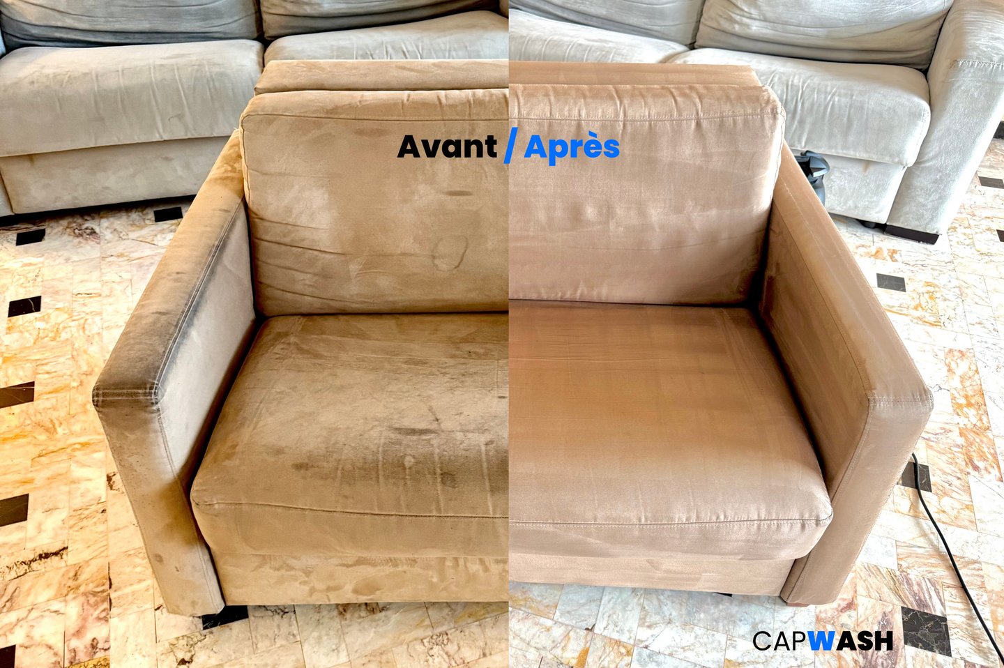 Avant / Après du nettoyage d’un canapé deux places à Nice, réalisé par CapWash agréé SAP.