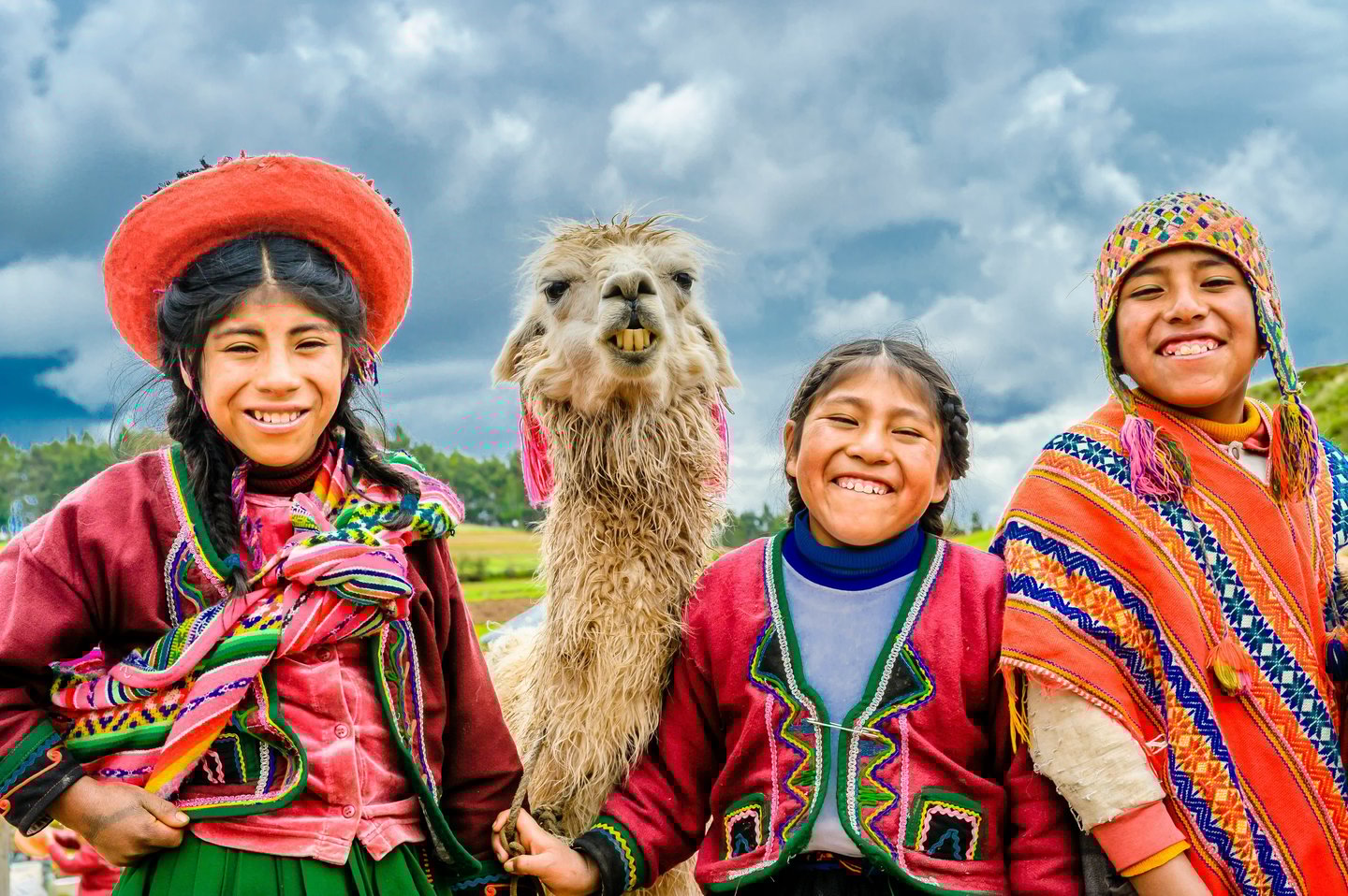 two happy kids from the Andes with a llama. Dos ninos felices de los Andes con una llama
