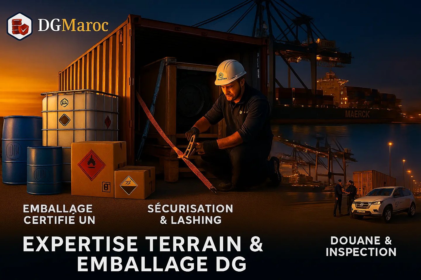 Expertise DG Maroc : sécurisation, lashing et emballage certifié UN pour matières dangereuses