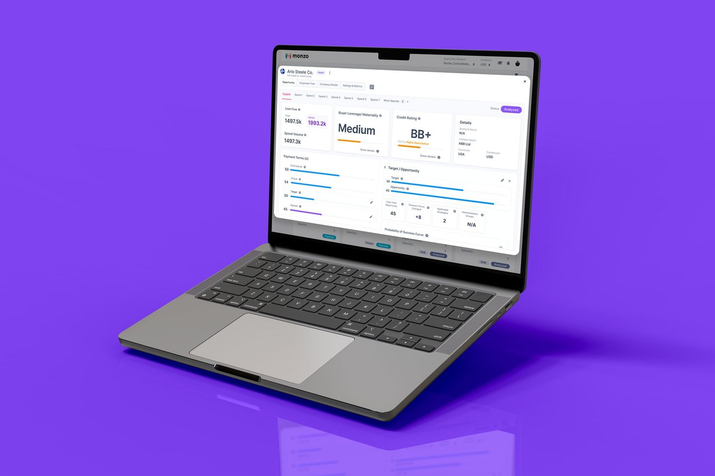 Laptop screen of supplier insights dashboard in a purple background.