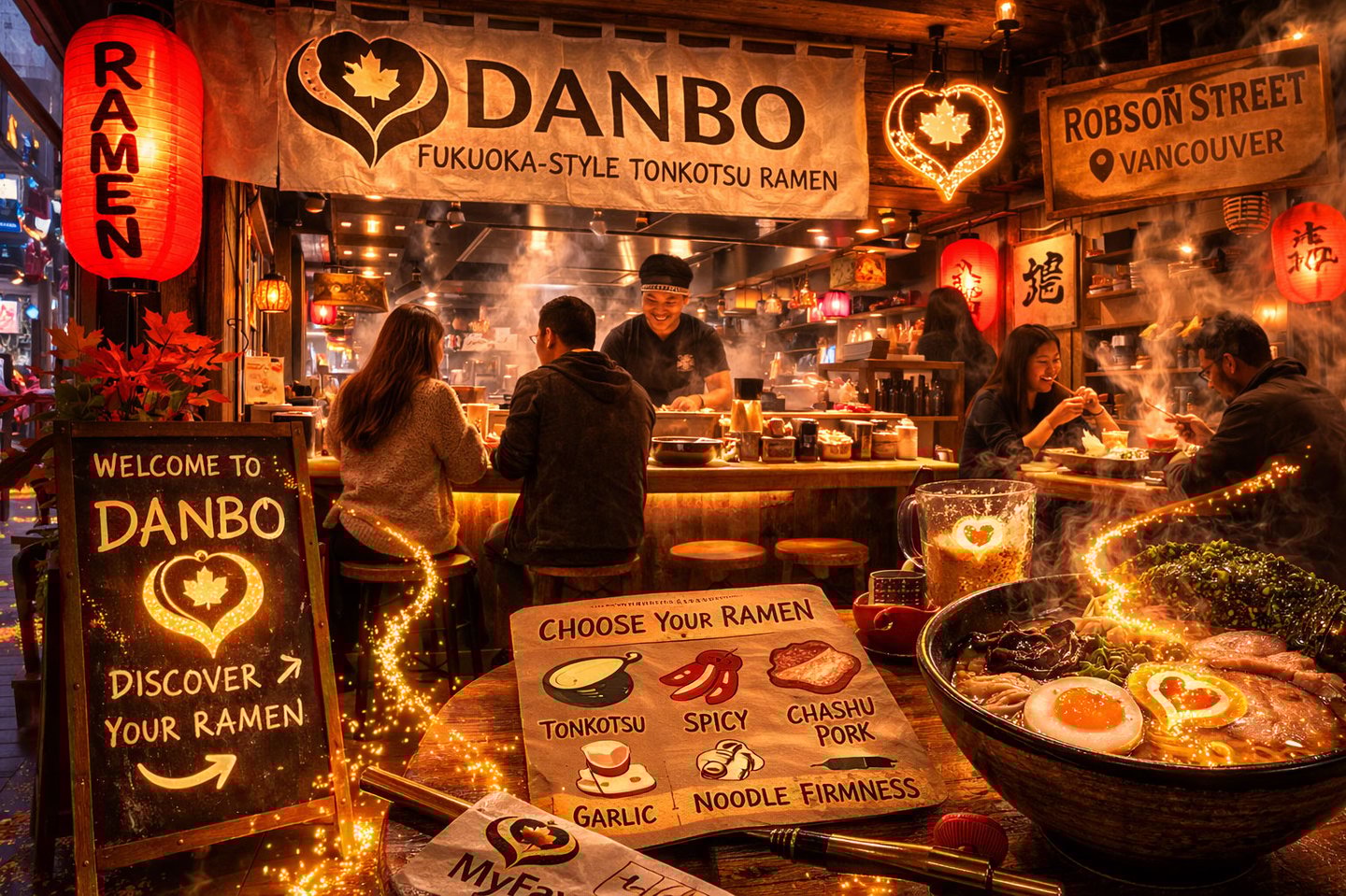 Authentic Fukuoka style tonkotsu ramen bowl at Danbo on Robson Street Vancouver with MyFavs discover