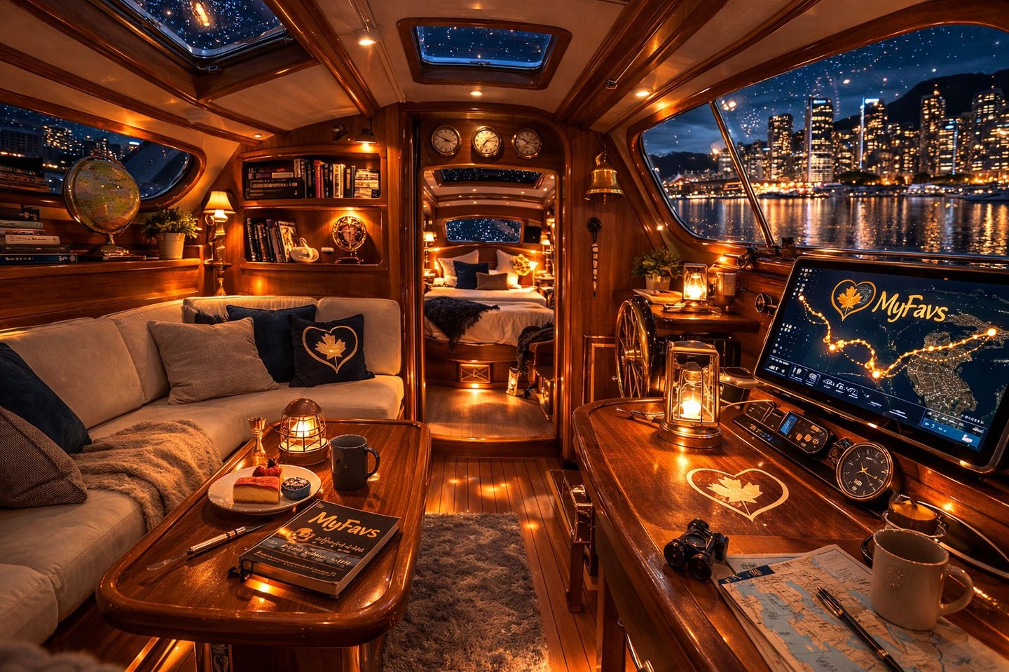 Wooden sailboat deck at night in Vancouver Coal Harbour with city skyline lights and MyFavs discover