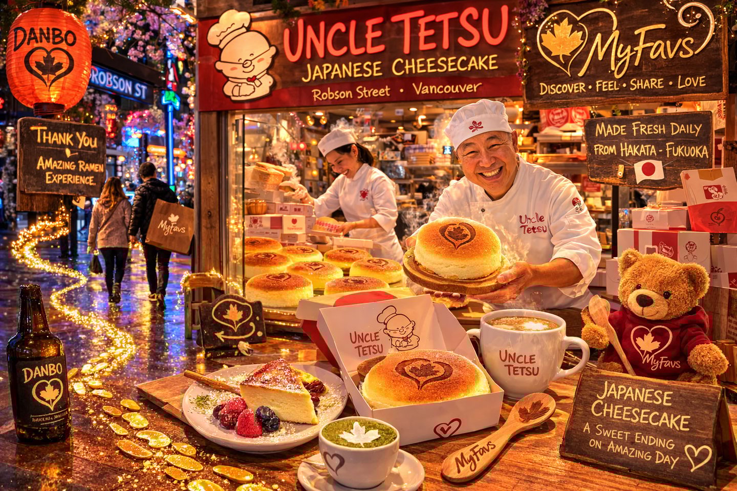 Freshly baked Japanese cheesecake at Uncle Tetsu bakery on Robson Street Vancouver