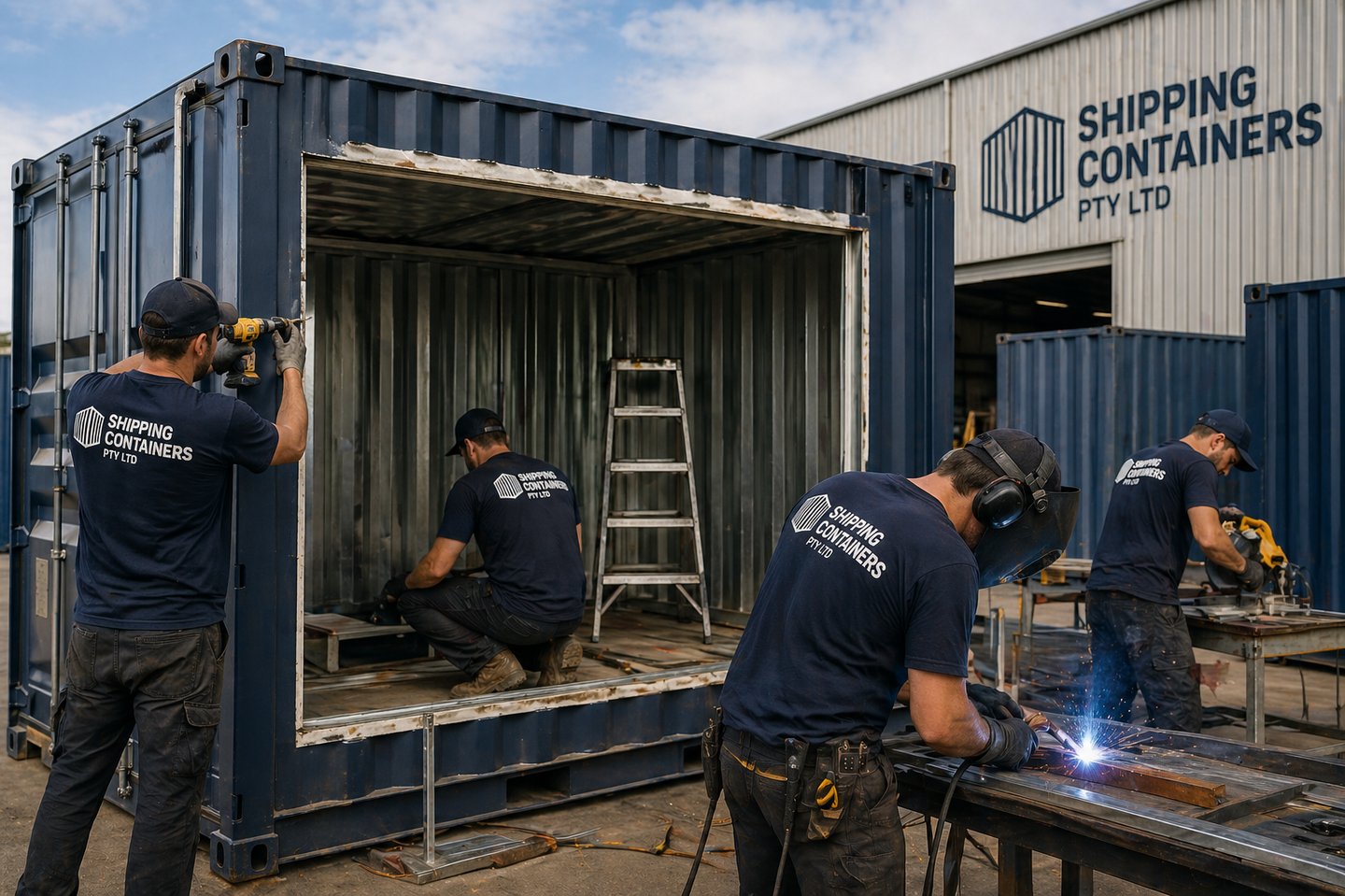 Professional team fabricating and welding custom steel shipping containers at a warehouse facility.
