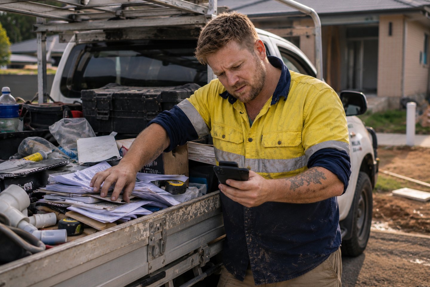 A tradie in high-visibility clothes checks his smartphone while leaning on a utility truck.