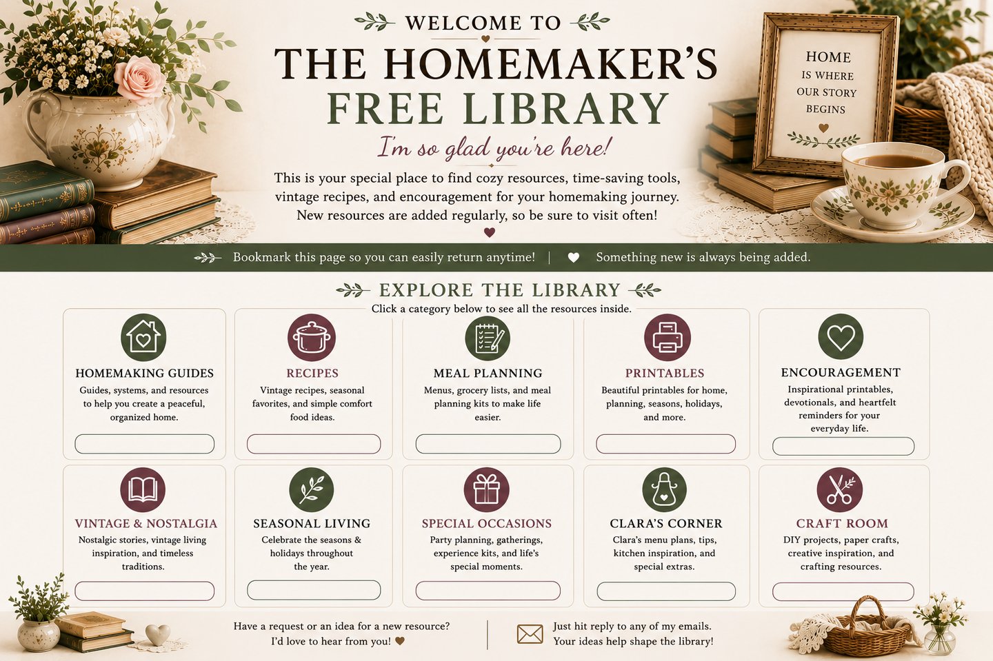 The Homemaker's Free Library website page featuring categories for vintage recipes, meal planning, and home organization