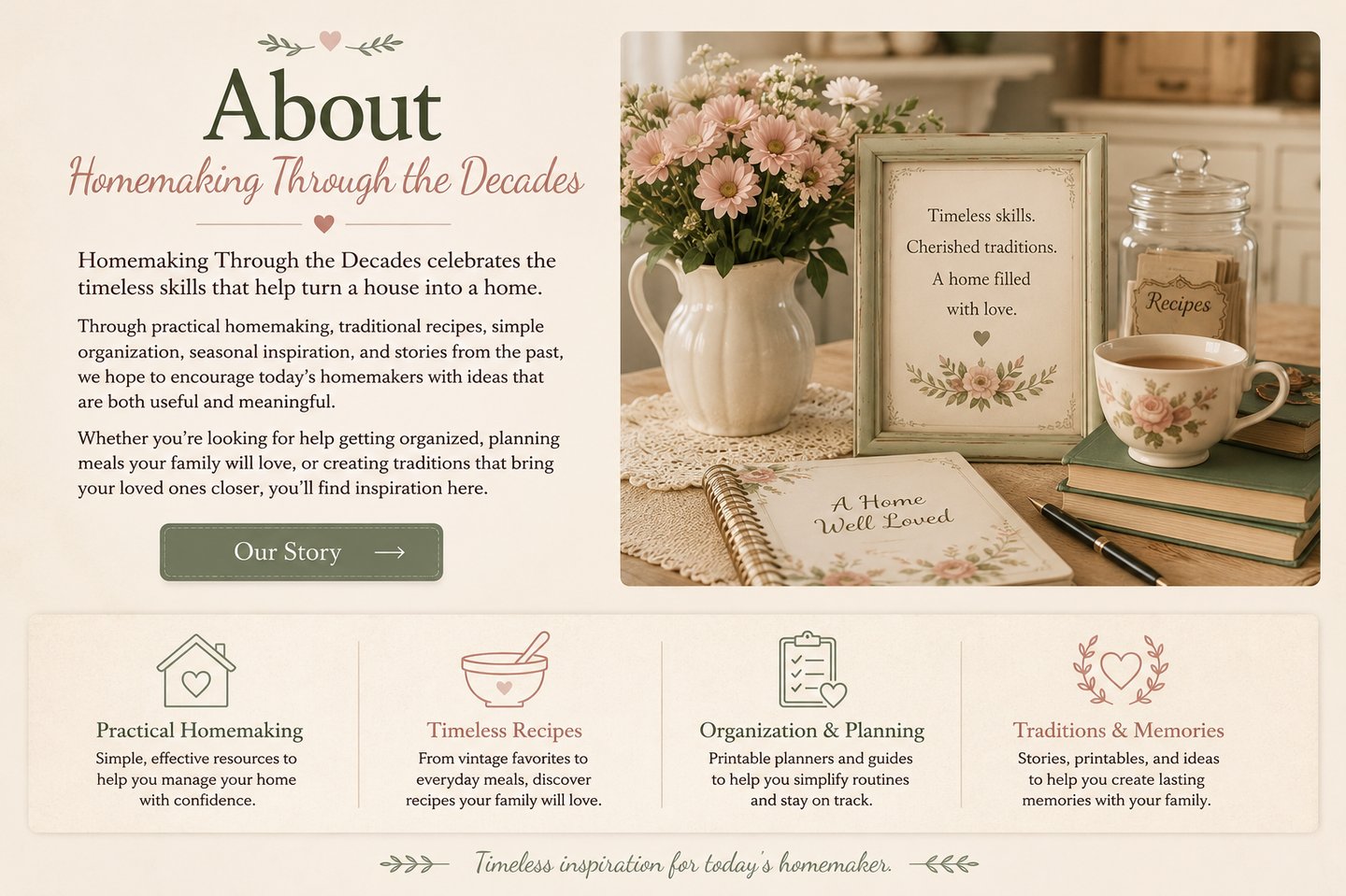 Vintage homemaking website featuring a floral tea set, recipe jar, and printable home planners.