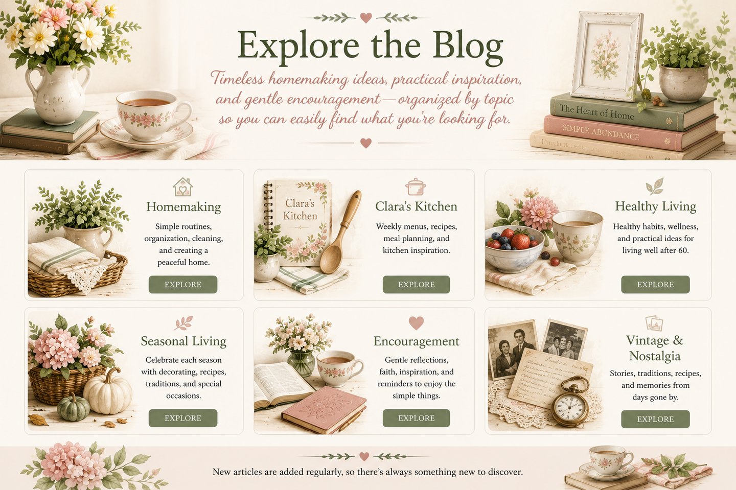 Vintage-style blog homepage featuring categories for homemaking, seasonal living, and healthy lifestyle tips.