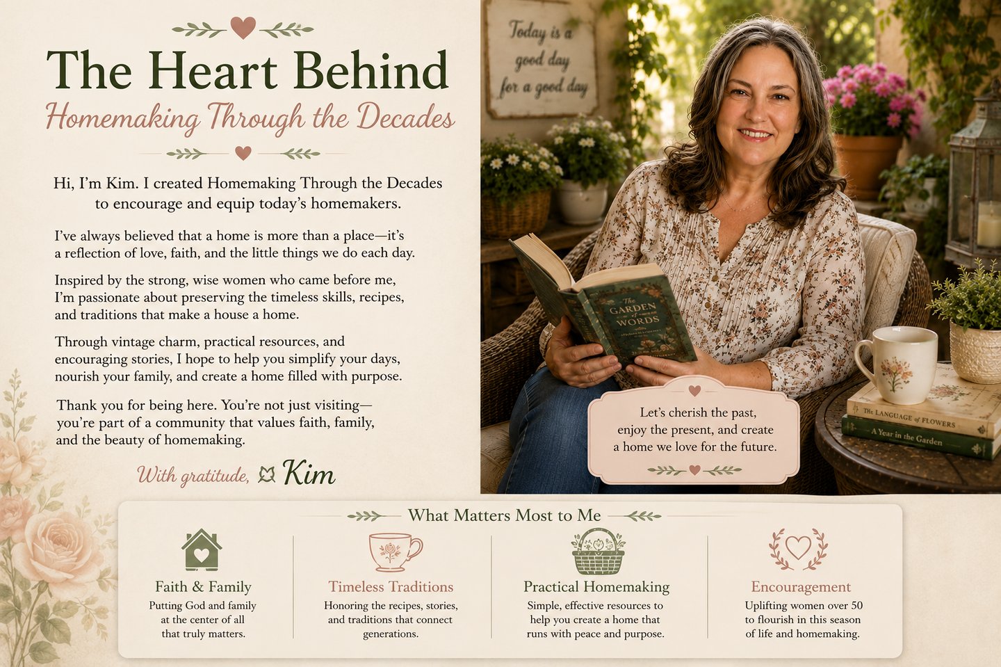 A smiling woman reading a book in a garden setting for the Homemaking Through the Decades blog.