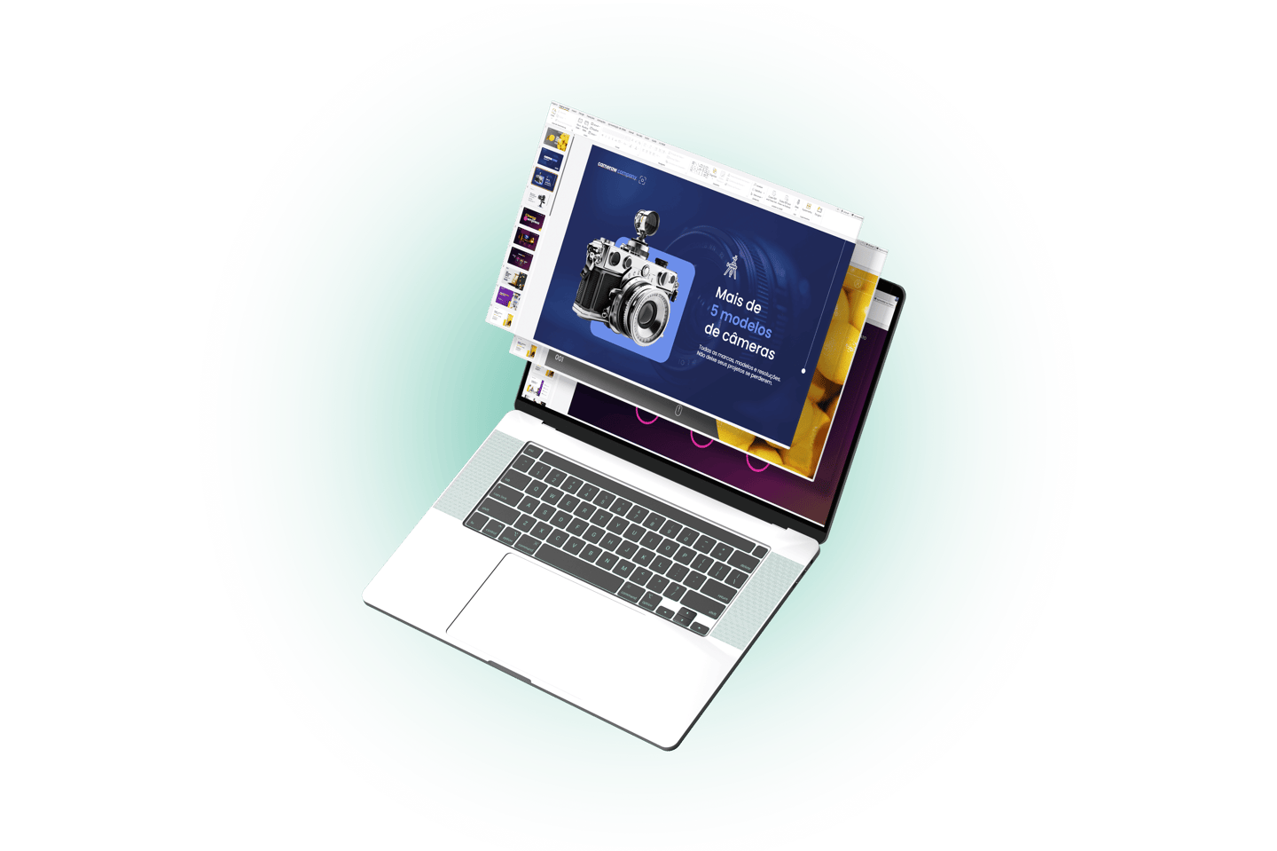 a laptop computer with a laptop screen displaying a photo of a camera