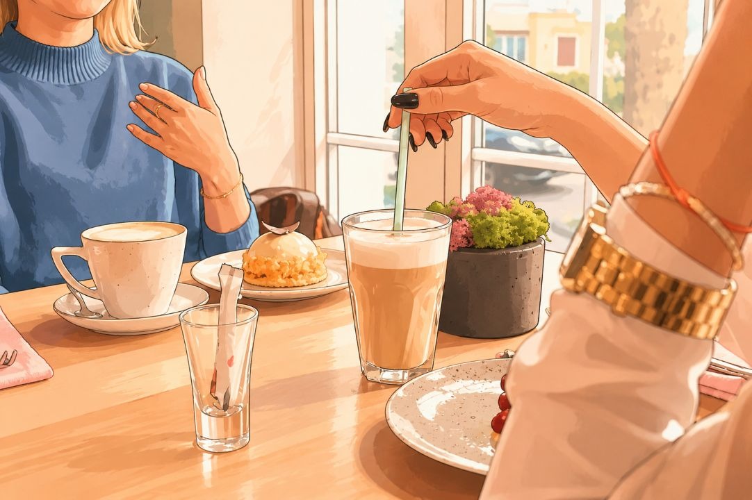 Two women enjoying coffee and pastries at a sunny cafe table with lattes and a dessert.