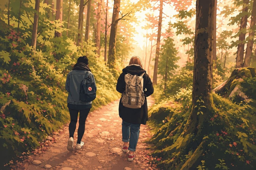 Two women with backpacks hiking on a sunlit forest trail during a scenic outdoor adventure.