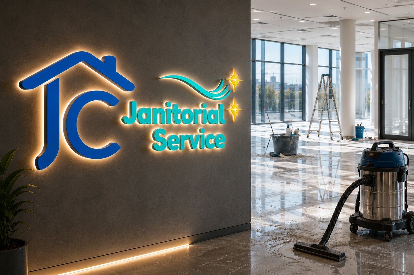 Professional JC Janitorial Service backlit logo on office wall with industrial vacuum cleaner and supplies.