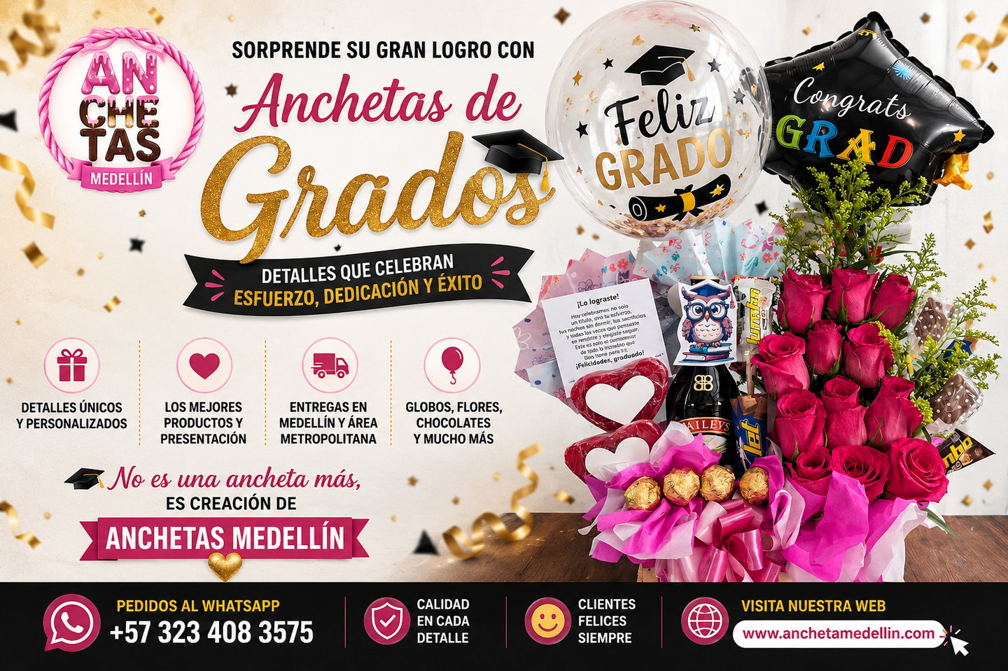 Ancheta de grados en Medellín con rosas fucsias, chocolates, globo transparente “Feliz Grado”, regalos personalizados