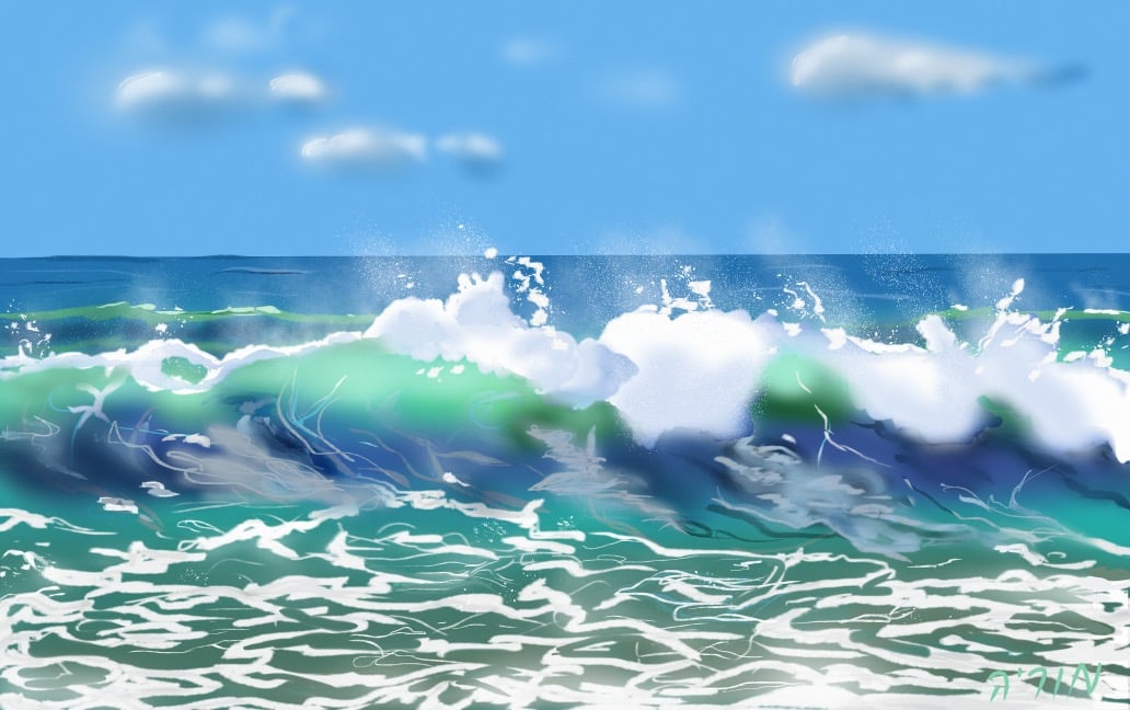 illustration of a beach by day with waves crashing on sand
