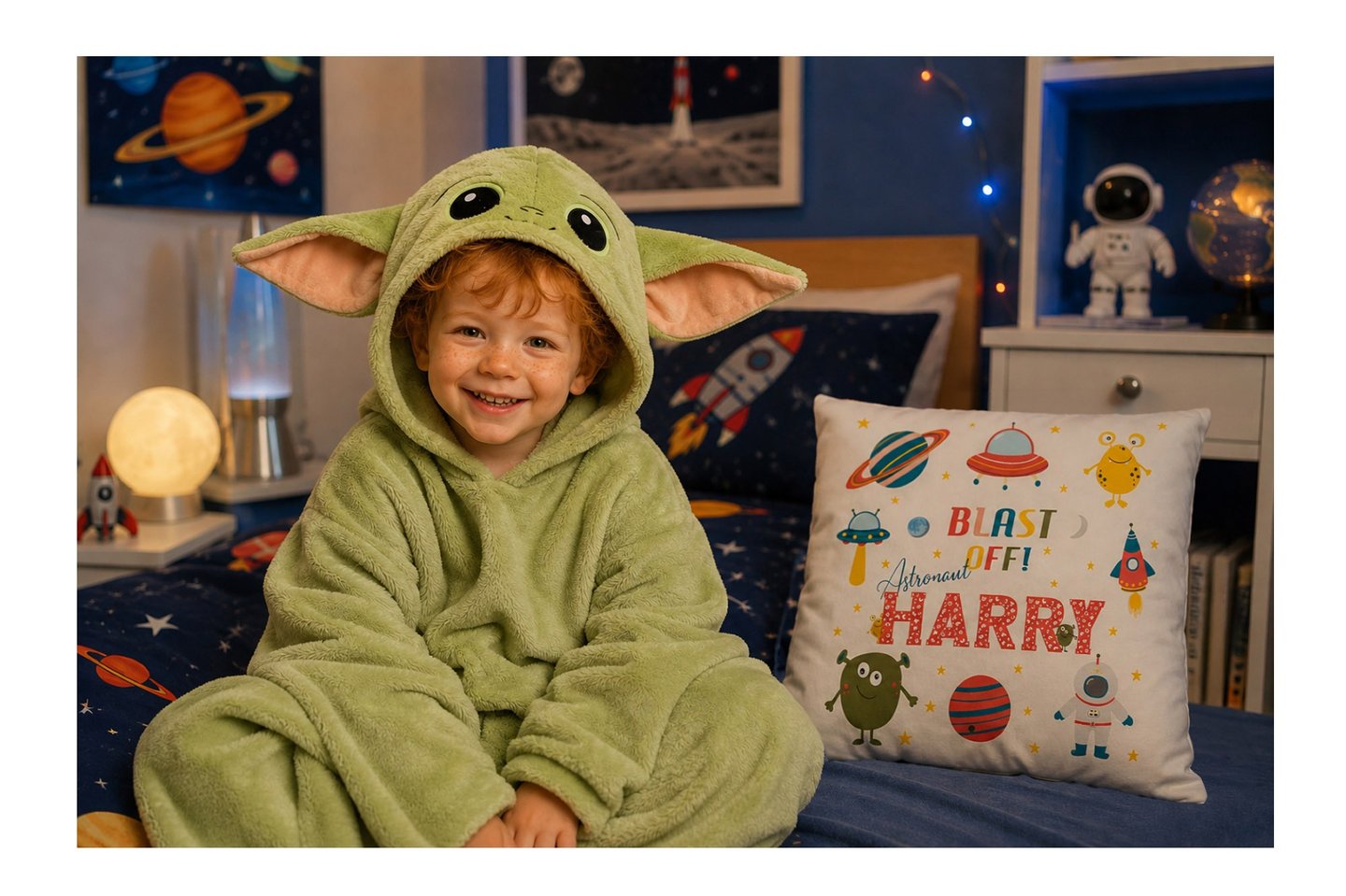 Little boy dressed as an astronaut sitting in his space-themed bedroom, surrounded by rockets, planets and space gifts 
