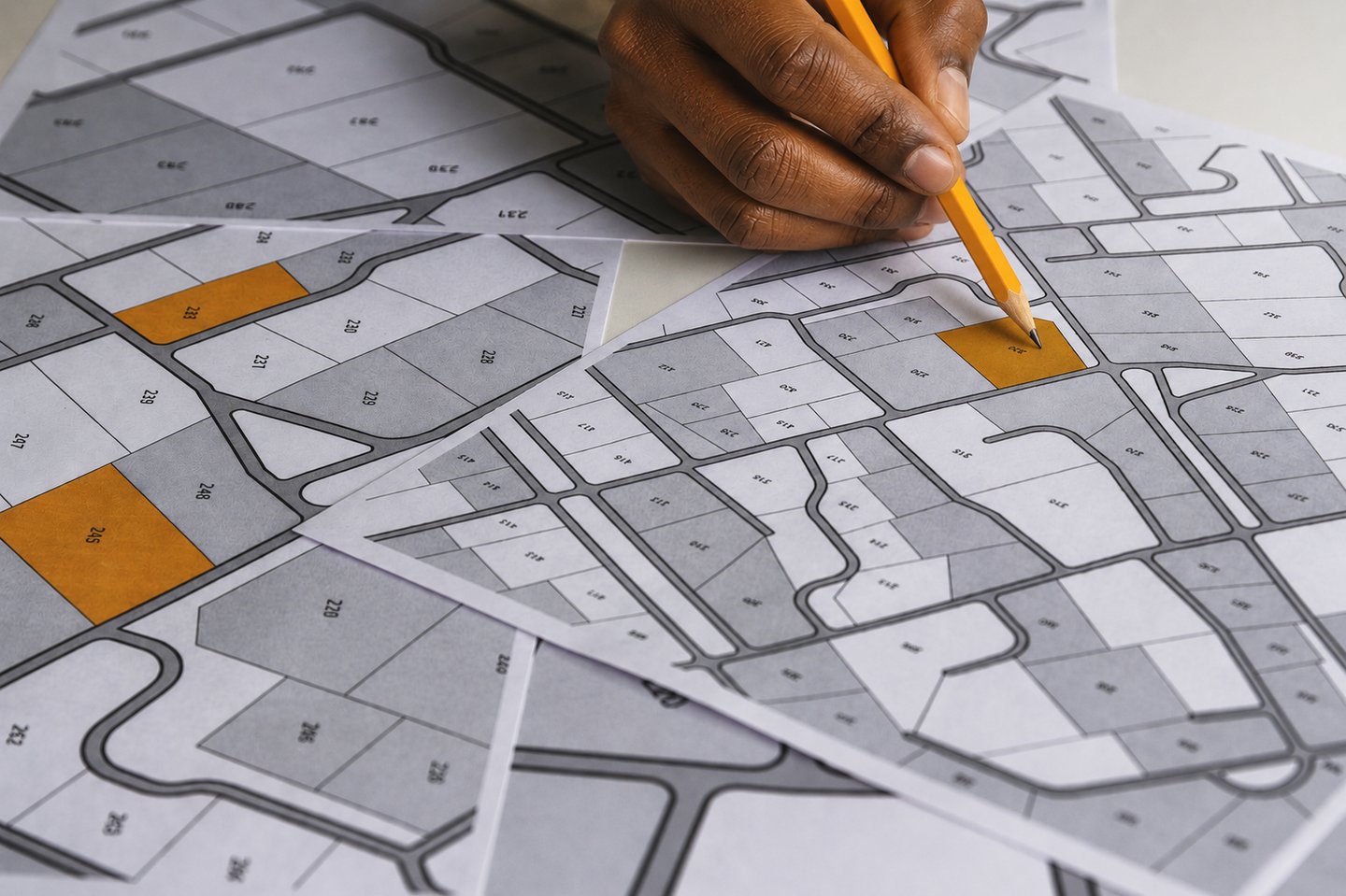 A person using a yellow pencil to point at a specific plot on a real estate land development map.