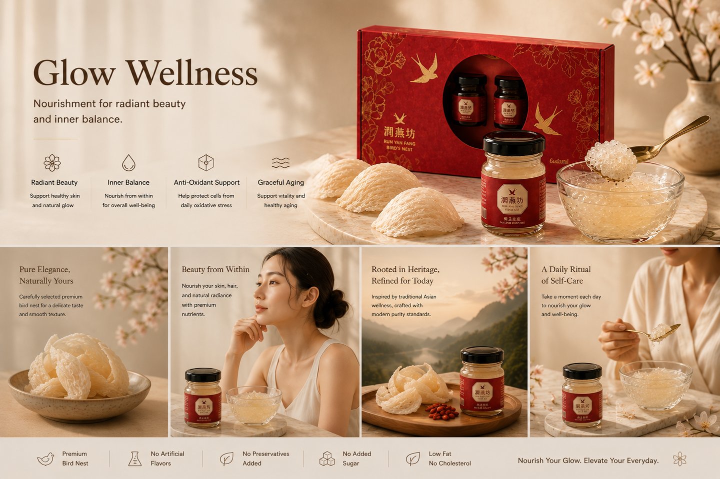 Premium edible bird's nest supplement jars and dry nests for radiant beauty and glow wellness.