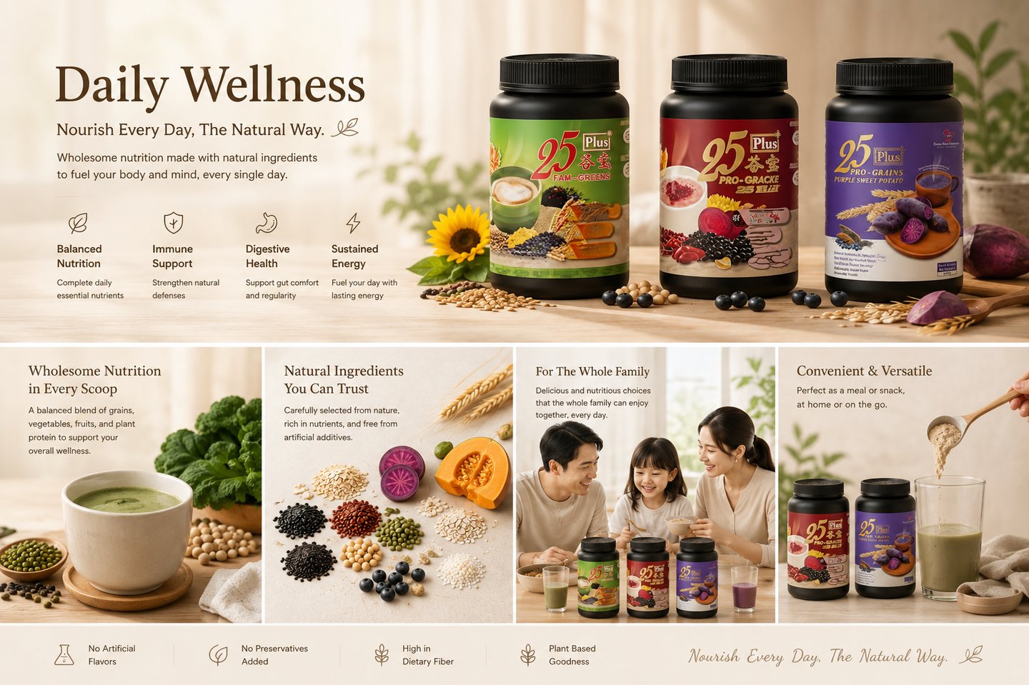 Nutritional 25 Plus powder supplements displayed with natural ingredients for daily wellness and family health.