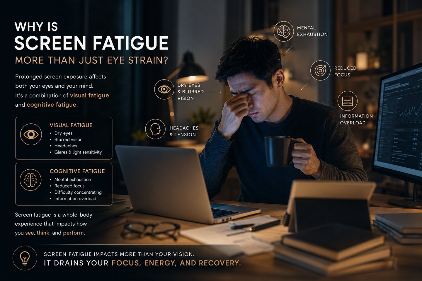 Infographic about screen fatigue and eye strain featuring a tired man at a laptop with symptoms listed.