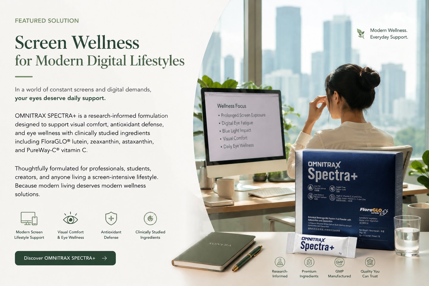 A woman at a desk with Omnitrax Spectra+ eye health supplement for digital eye fatigue and blue light protection.