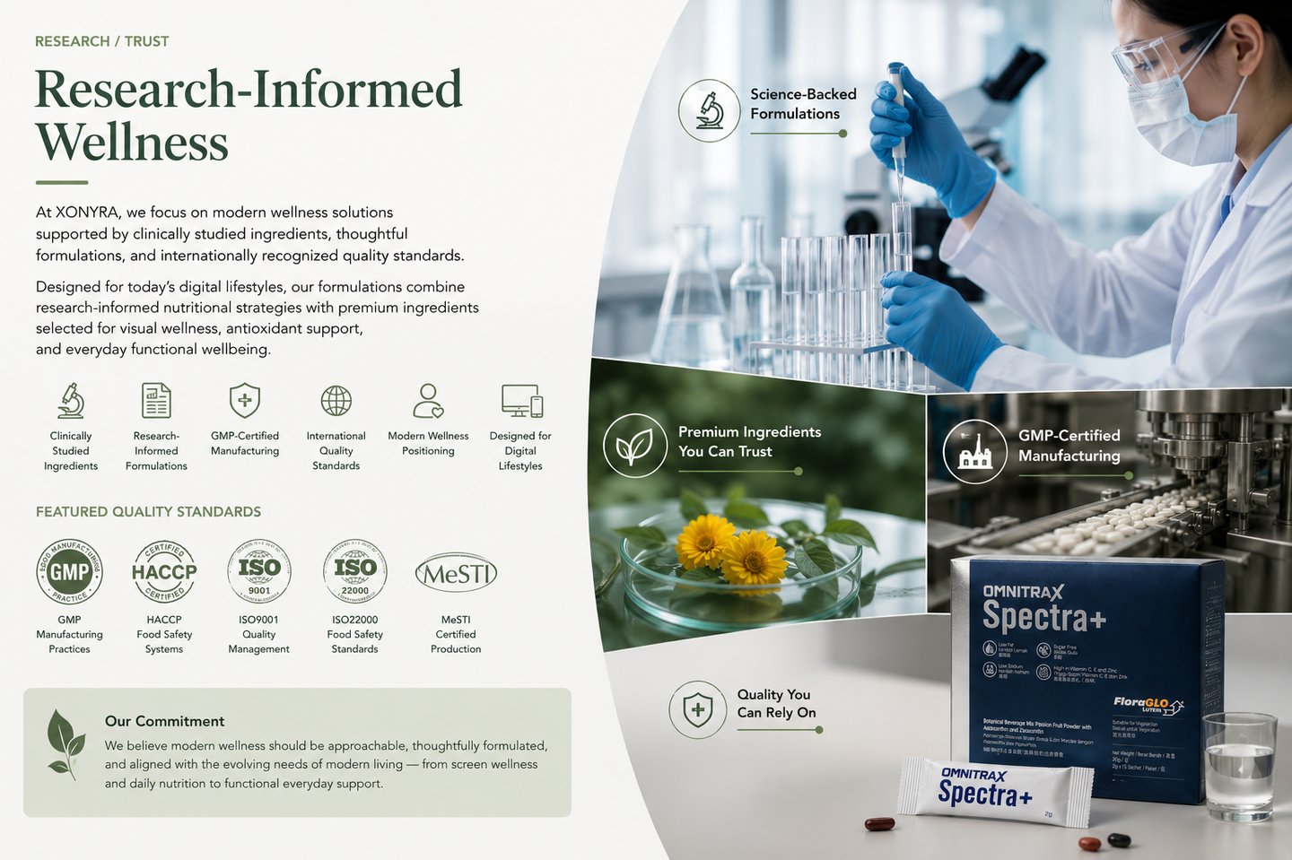 A laboratory scientist in blue gloves develops research-informed wellness supplements next to OMNITRAX Spectra+ packaging.