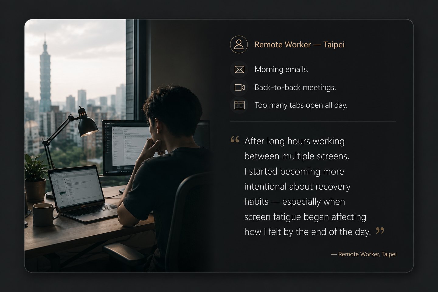 A remote worker in Taipei working at a desk with a laptop and monitor overlooking the city skyline.
