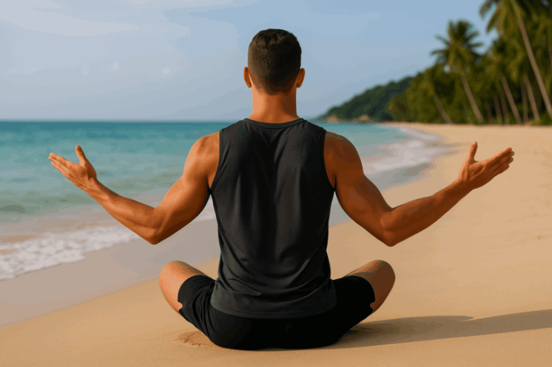 Rick Silvia sitting on a beach in a yoga pose
