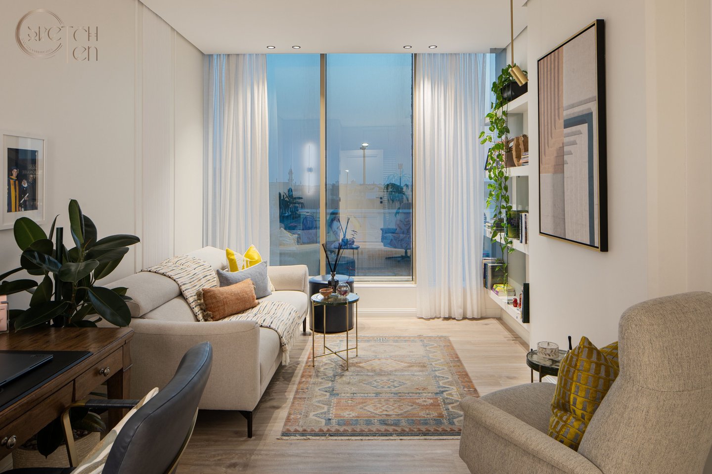 a living room with a couch and a table,  interior design 
